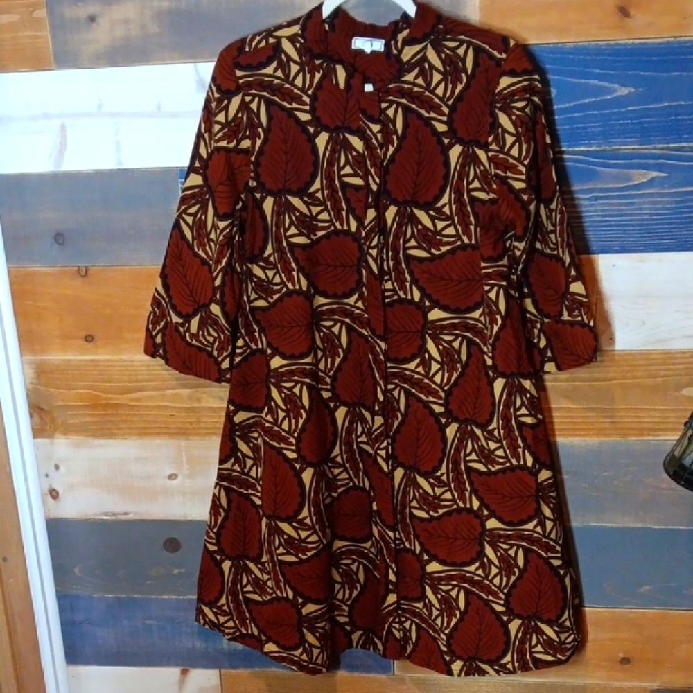 Zuri Kenya Just One Cotton Button Down Dress S Brown Leaf Pattern